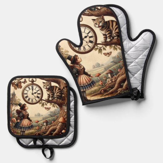 Alice & Cheshire Cat: Whimsical Wonderland Fantasy Ovenwant & Pannenlap Set (Voorkant / Achterkant)