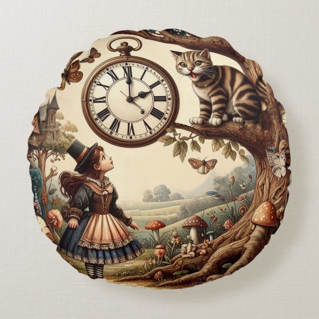 Alice & Cheshire Cat: Whimsical Wonderland Fantasy Rond Kussen (Voorkant)