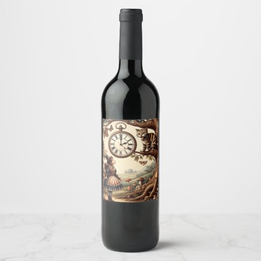 Alice & Cheshire Cat: Whimsical Wonderland Fantasy Wijn Etiket (Voorkant)