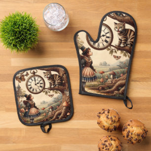 Alice & Cheshire Cat: Whimsische Wonderland Fantas Ovenwant & Pannenlap Set