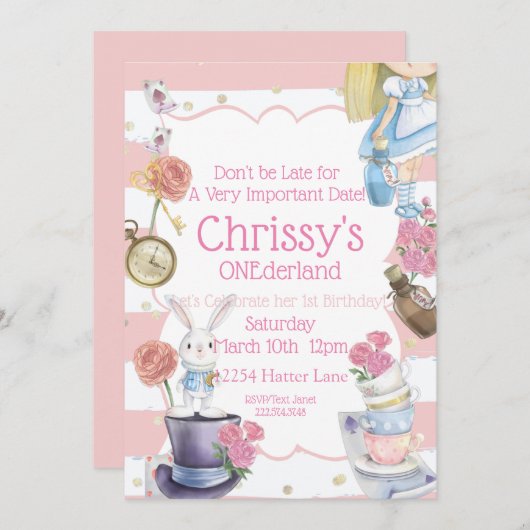 Alice dans ONEderland Invitation d'anniversaire (Devant / Derrière)