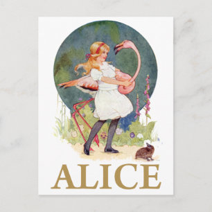 ALICE EN DE ROZE FLAMINGO SPELEN CROQUET BRIEFKAART