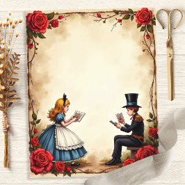 Alice en Mad Hatter lezen plakboek papier