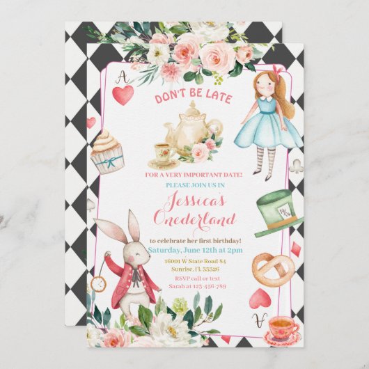 Alice en Rabbit Tea Party Invitation Kaart (Voorkant / Achterkant)