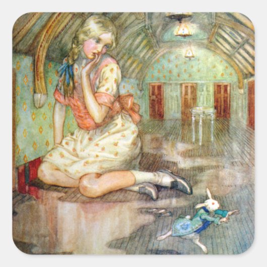 Alice Groeit Te Groot voor het Huis in Wonderland Vierkante Sticker (Voorkant)