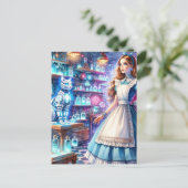 Alice in de Steampunk Apothecary Met Robot Cat Briefkaart (Staand voorkant)