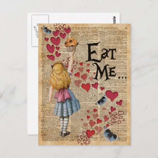 Alice in het Wonderland eet me Muffin Briefkaart (Voorkant / Achterkant)