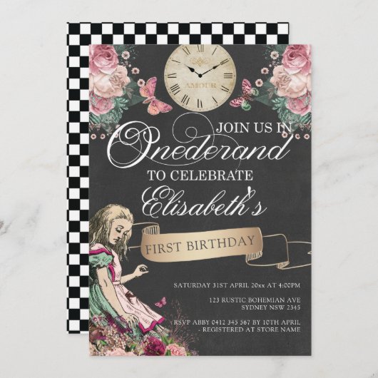 Alice in Onderland eerste verjaardag Kaart (Voorkant / Achterkant)