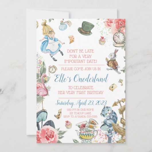 Alice in Onederland 1st Birthday Party Invitation Kaart (Voorkant)