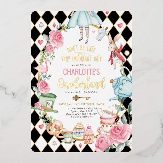 Alice in Onederland Mad Tea Party 1st Birthday Folie Uitnodiging (Voorkant)