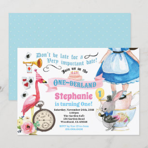 Alice in ONEderland verjaardagstheefeestje blauw Kaart