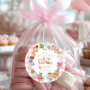 Alice in Wonderland 1e verjaardag Roze Ronde Sticker