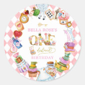 Alice in Wonderland 1st birthday Pink Ronde Sticker (Voorkant)