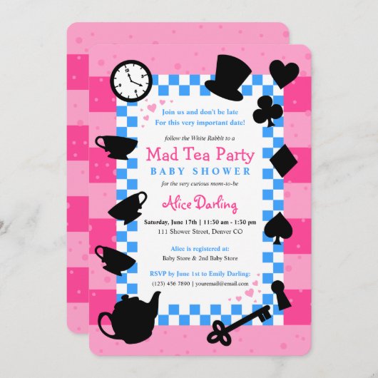 Alice in Wonderland Baby Shower Invitaties | Roze Kaart (Voorkant / Achterkant)