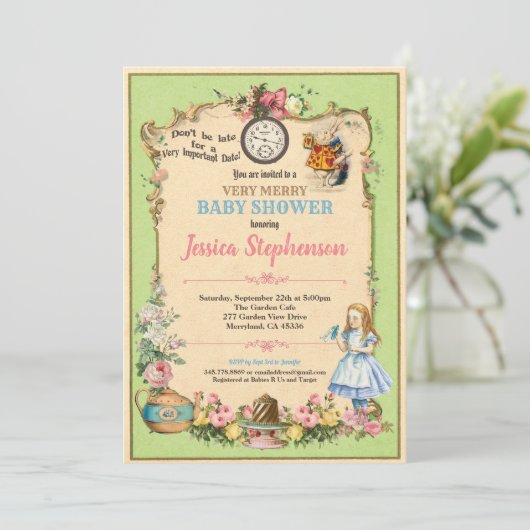 Alice in Wonderland baby shower uitnodiging groen (Staand voorkant)