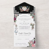 Alice in Wonderland Black Checkerboard All In One Uitnodiging (Binnen)