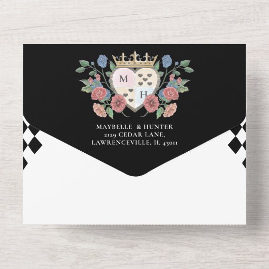 Alice in Wonderland Black Checkerboard All In One Uitnodiging (Achterkant)