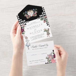 Alice in Wonderland Black Checkerboard All In One Uitnodiging