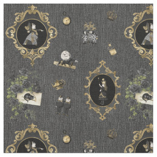 Alice in Wonderland Black/Gold op Black Denim Stof