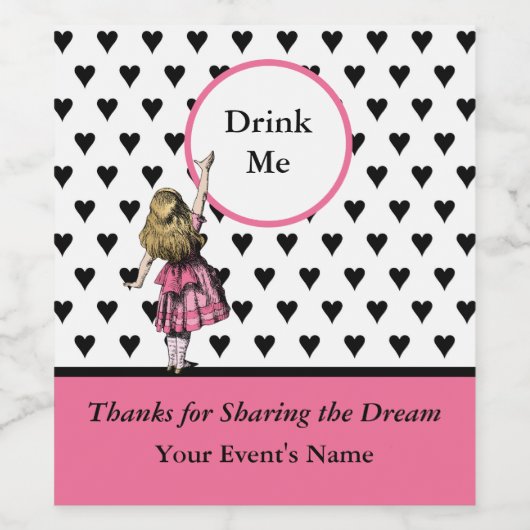 Alice in Wonderland Black Heart Pattern Drink me Wijn Etiket (Enkel label)