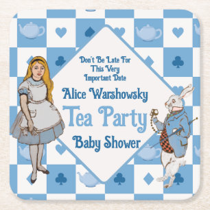  Alice in wonderland blauw baby shower Vierkante Kartonnen Onderzetter