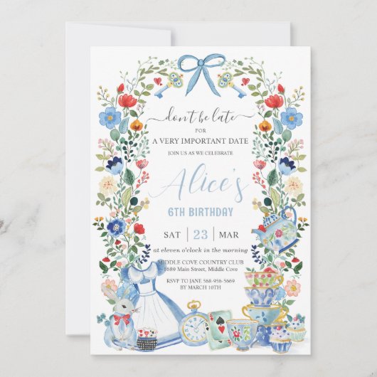 Alice in Wonderland Bloemen Verjaardag Tea Party Kaart (Voorkant)