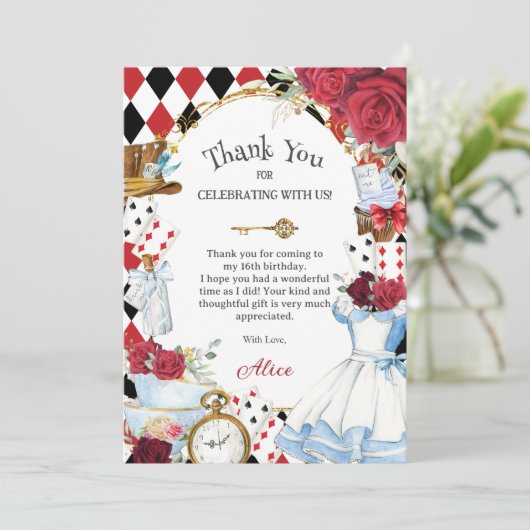 Alice in Wonderland Bloemige Bruids Bruiloft Theep Bedankkaart (Staand voorkant)
