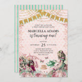 Alice in Wonderland Blush en Mint Birthday Kaart (Voorkant / Achterkant)