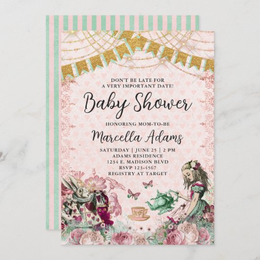 Alice in Wonderland Blush & Mint Baby shower Kaart (Voorkant / Achterkant)