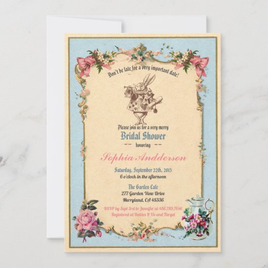 Alice in Wonderland bruidsdouche uitnodiging blauw (Voorkant)