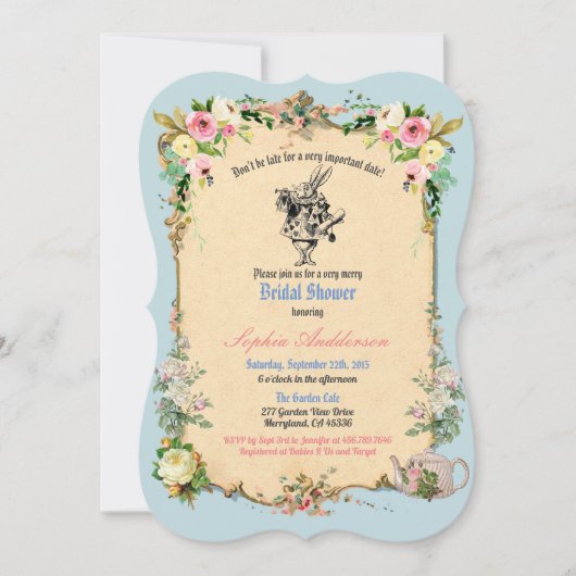 Alice in Wonderland bruidsdouche uitnodiging blauw (Voorkant)