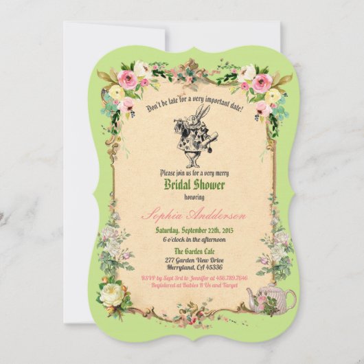 Alice in Wonderland bruidsdouche uitnodiging groen (Voorkant)