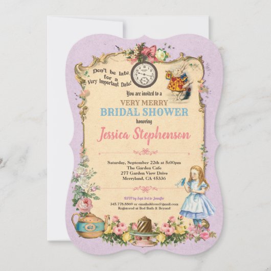 Alice in Wonderland bruidsdouche uitnodiging lila (Voorkant)