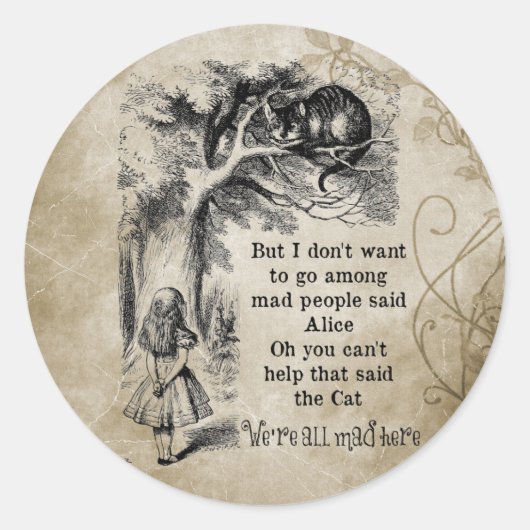 Alice in Wonderland; Cheshire Cat met Alice Ronde Sticker (Voorkant)