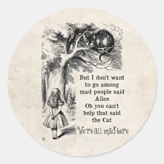 Alice in Wonderland; Cheshire Cat met Alice Ronde Sticker (Voorkant)