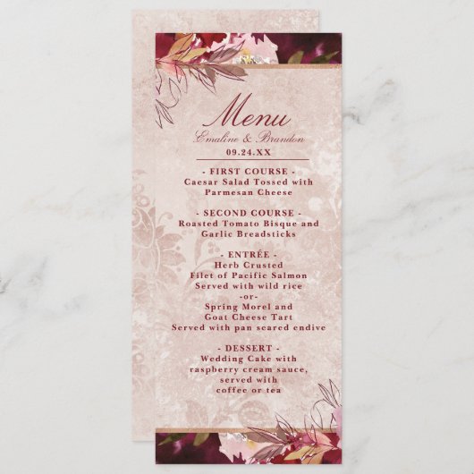 Alice in Wonderland Elegant Bloemendiner Menu (Voorkant / Achterkant)