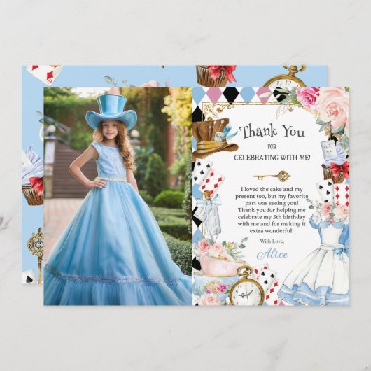 Alice in Wonderland Floral Birthday Tea Afbeelding Bedankkaart (Voorkant / Achterkant)