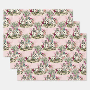 Alice in Wonderland Floral Cards op Roze Inpakpapier Vel