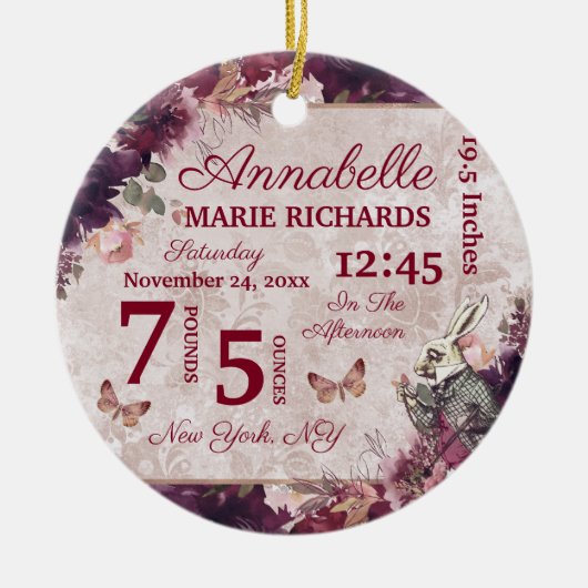 Alice in Wonderland Floral Custom Baby Birth Stats Keramisch Ornament (Voorkant)