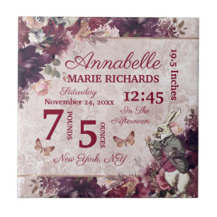 Alice in Wonderland Floral Custom Baby Birth Stats Tegeltje