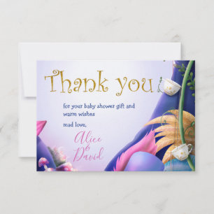 Alice in Wonderland, goudglitter, baby shower Bedankkaart
