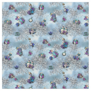 Alice in Wonderland Karakters op Blauw en Zilver Stof