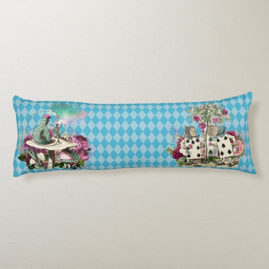 Alice in Wonderland Karakters op Blue Harlequin Lichaamskussen (Achterkant)
