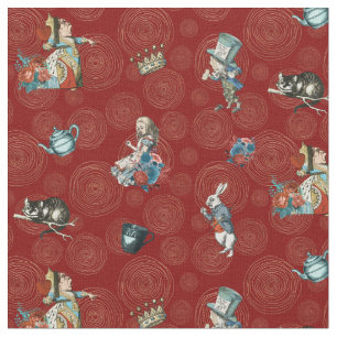 Alice in Wonderland Karakters op Red Gold Spiral Stof