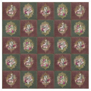 Alice in Wonderland Karakters op rood/groen & goud Stof