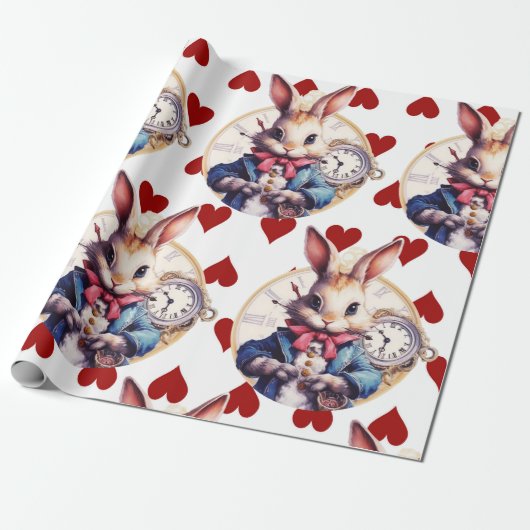 Alice in Wonderland Konijn en harten Cadeaupapier (Uitgerold)