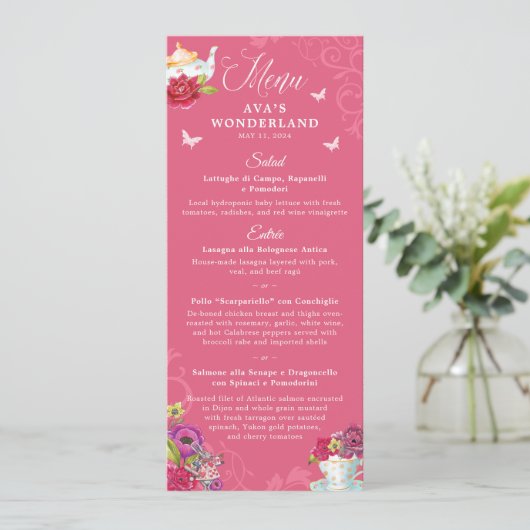Alice In Wonderland Levendige Bloemen Feest Menu Kaart (Staand voorkant)
