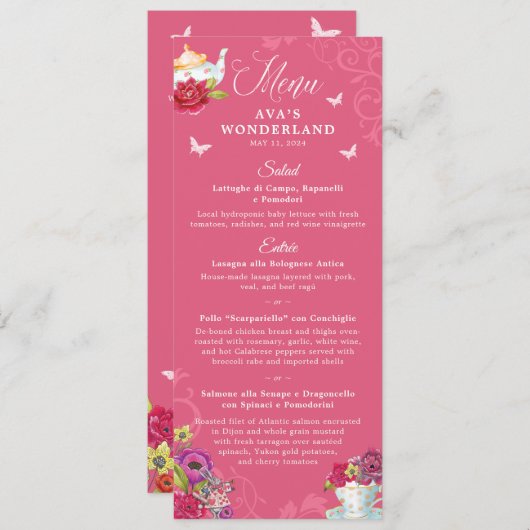 Alice In Wonderland Levendige Bloemen Feestmenu Kaart (Voorkant / Achterkant)