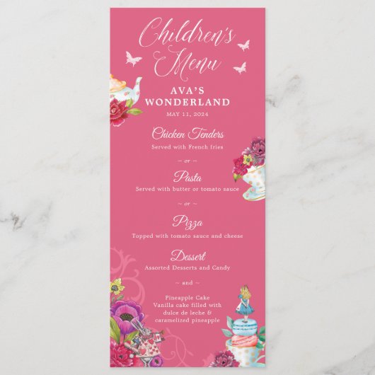 Alice in Wonderland Levendige Bloemen Kinder Party Menu (Voorkant)