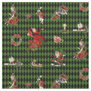 Alice in Wonderland met Kerstmis op groen/zwart Stof